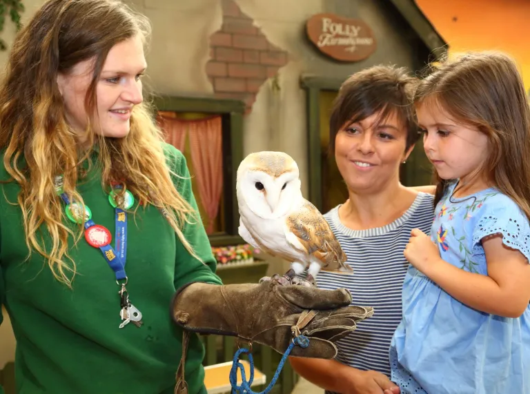 Teulu yn mwynhau eu diwrnod yn Folly Farm.